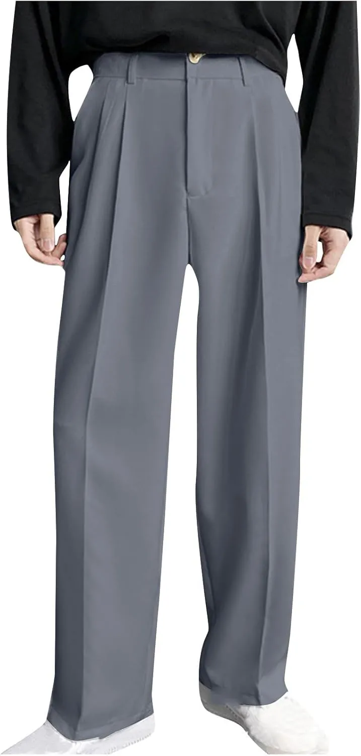 Mens Pleated Dress Pants with Belt Wide Leg Formal Pants for Men with Pockets for Office and Business Wear