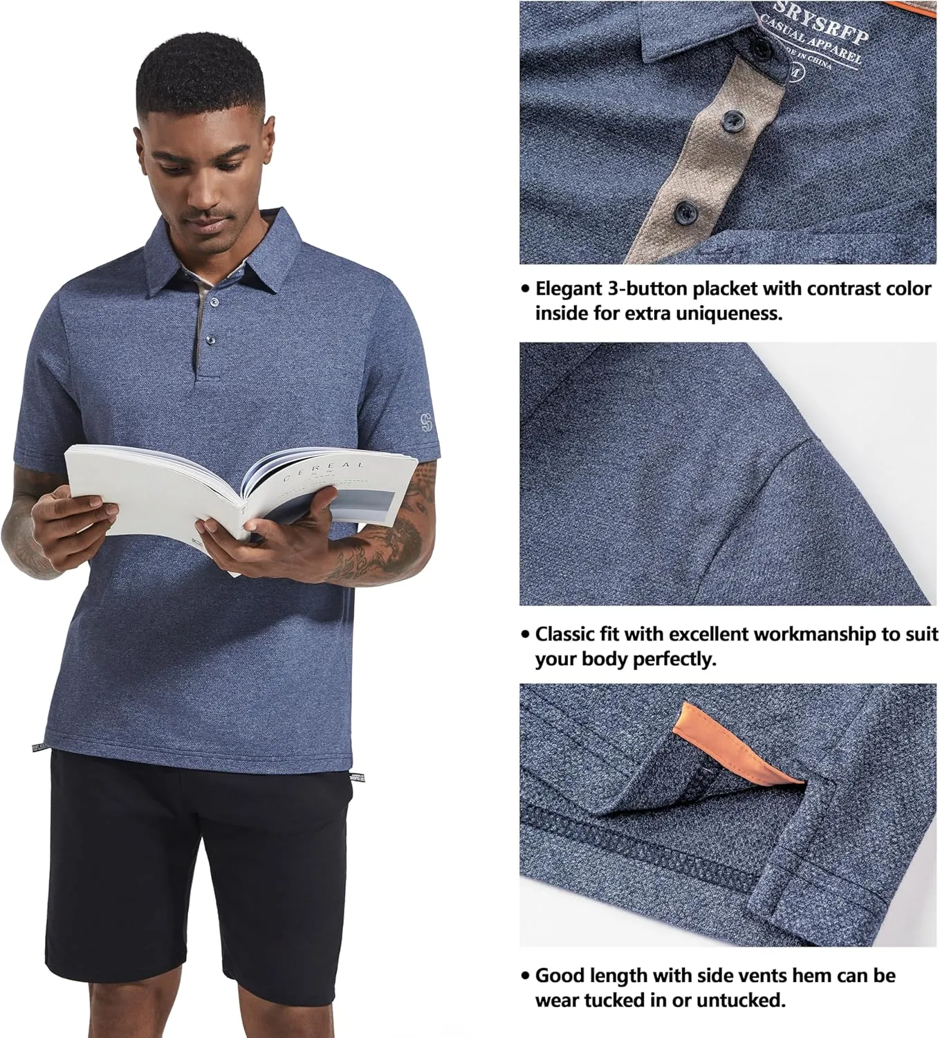 Men's Polo Shirts Short Sleeve Cotton Blend Moisture Wicking Dry Fit Performance Collared Golf Shirts for Men