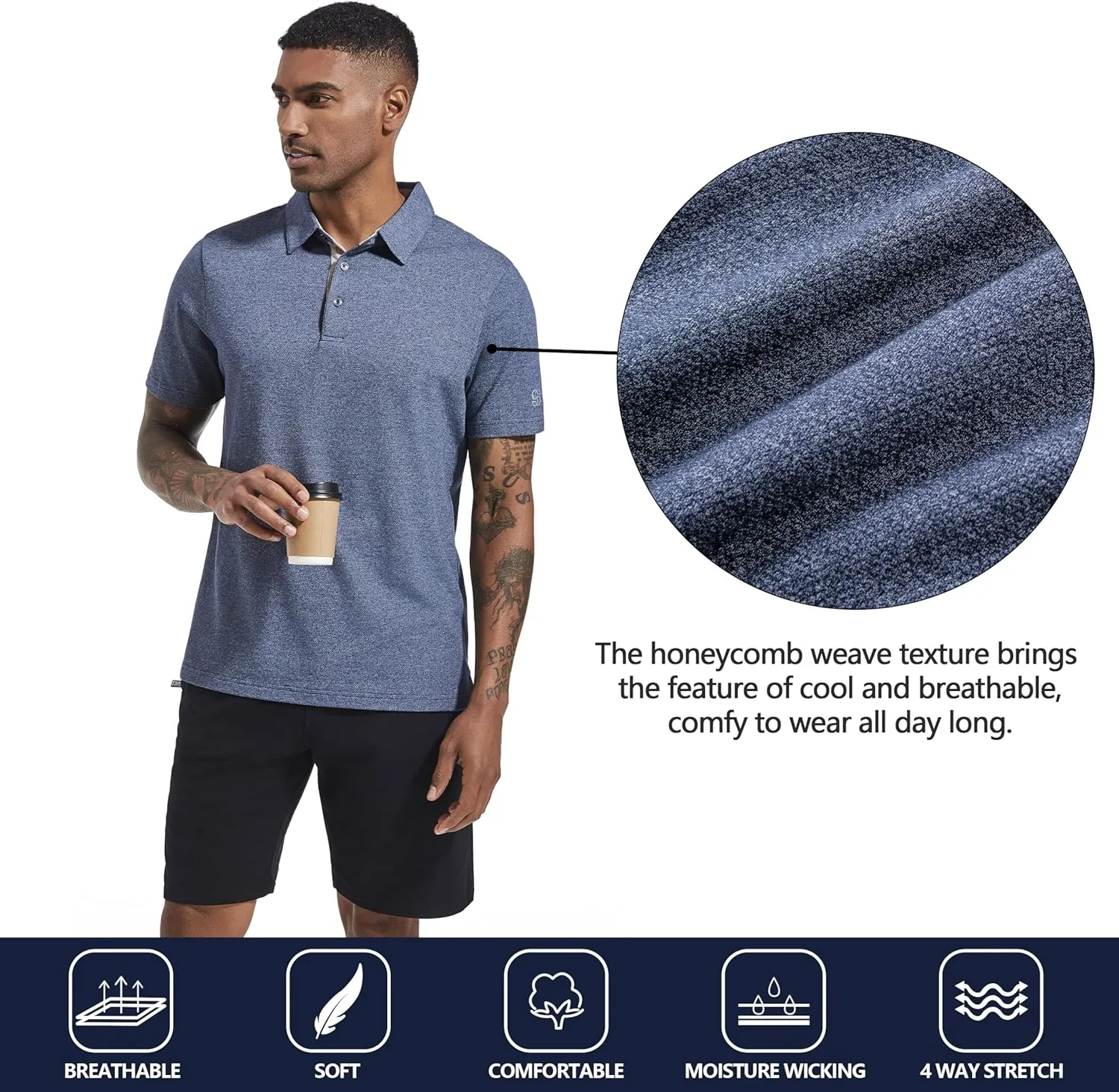 Men's Polo Shirts Short Sleeve Cotton Blend Moisture Wicking Dry Fit Performance Collared Golf Shirts for Men