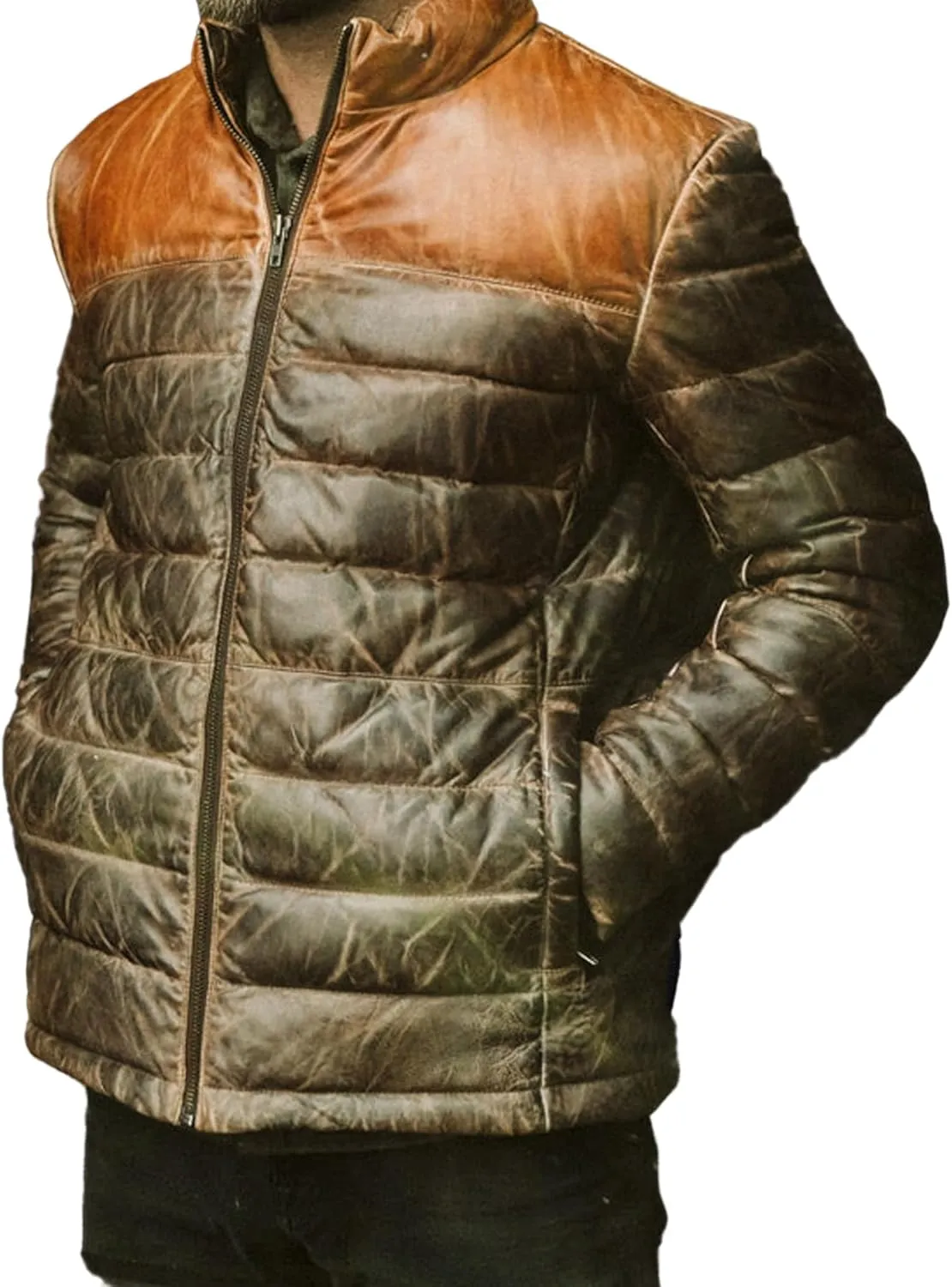 Mens Puffer Jacket Lambskin Down Leather Quilted Jacket Lightweight Zip Up Winter Mens Puffer Coat