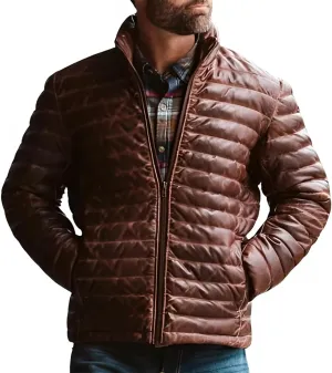 Mens Puffer Jacket Lambskin Down Leather Quilted Jacket Lightweight Zip Up Winter Mens Puffer Coat