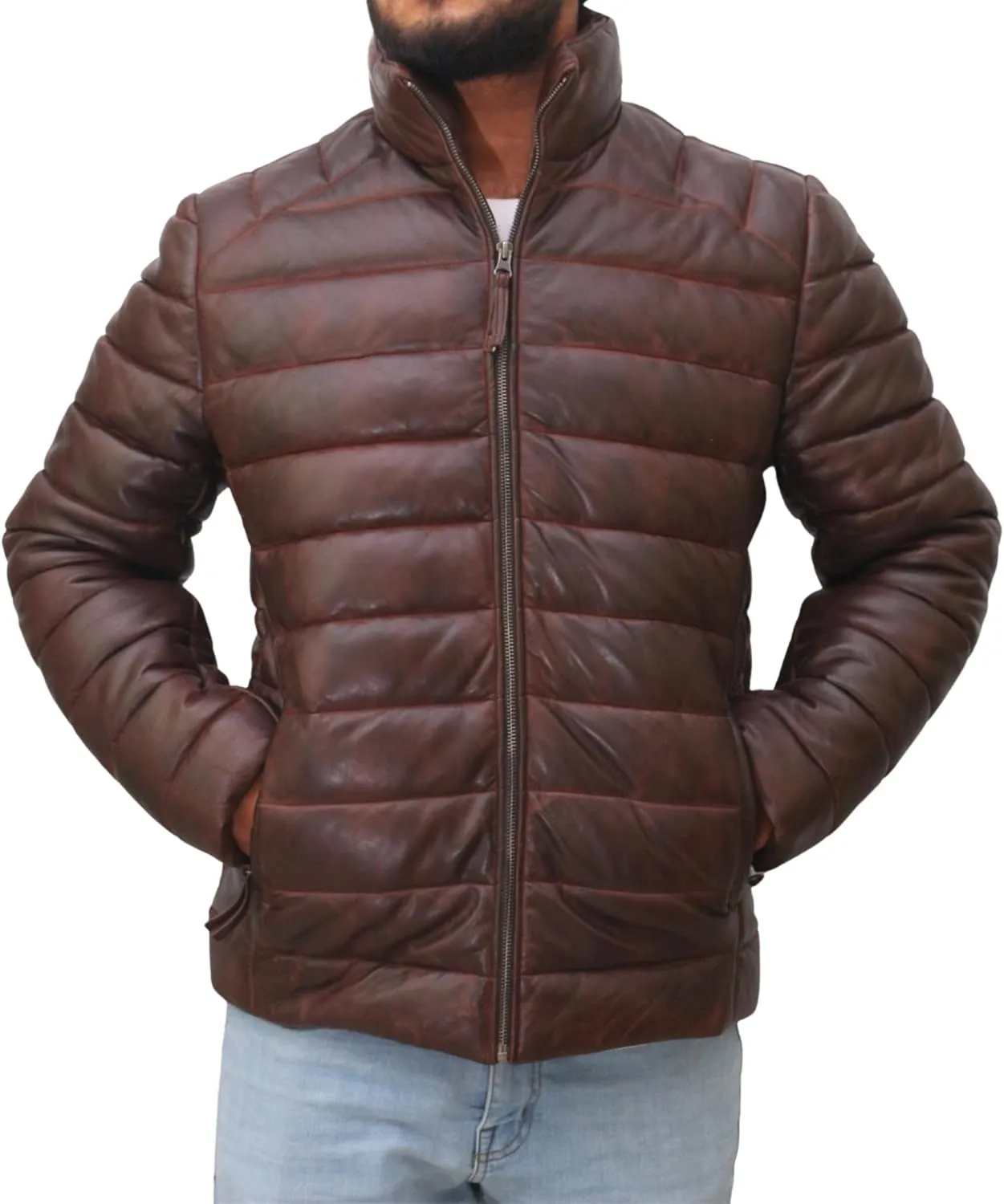Mens Puffer Jacket Lambskin Down Leather Quilted Jacket Lightweight Zip Up Winter Mens Puffer Coat