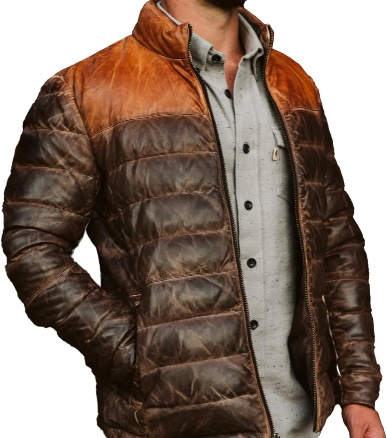 Mens Puffer Jacket Lambskin Down Leather Quilted Jacket Lightweight Zip Up Winter Mens Puffer Coat