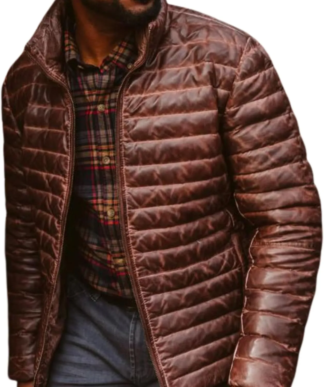 Mens Puffer Jacket Lambskin Down Leather Quilted Jacket Lightweight Zip Up Winter Mens Puffer Coat