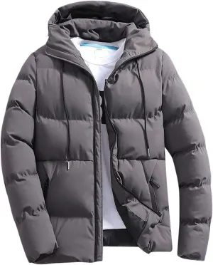 Mens Puffer Jacket Plus Size Winter Warm Thickened Hooded Down Coat with Drawstring Lightweight Packable Hunting Top
