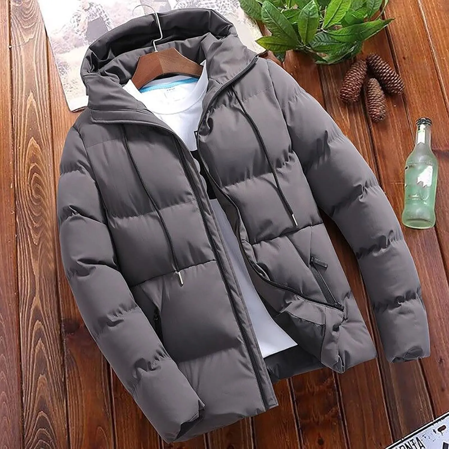 Mens Puffer Jacket Plus Size Winter Warm Thickened Hooded Down Coat with Drawstring Lightweight Packable Hunting Top