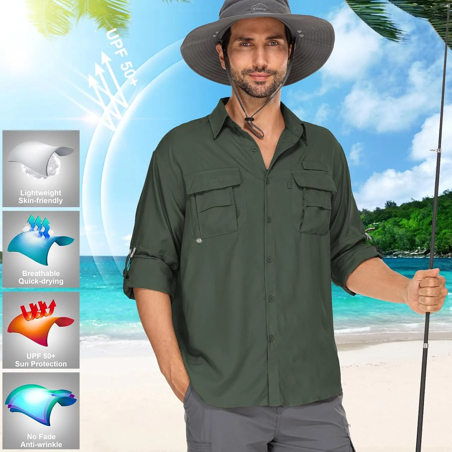 Mens Safari Shirts Long Sleeve UV Protection Hiking Fishing UPF 50  Quick Dry Camping Travel Shirts