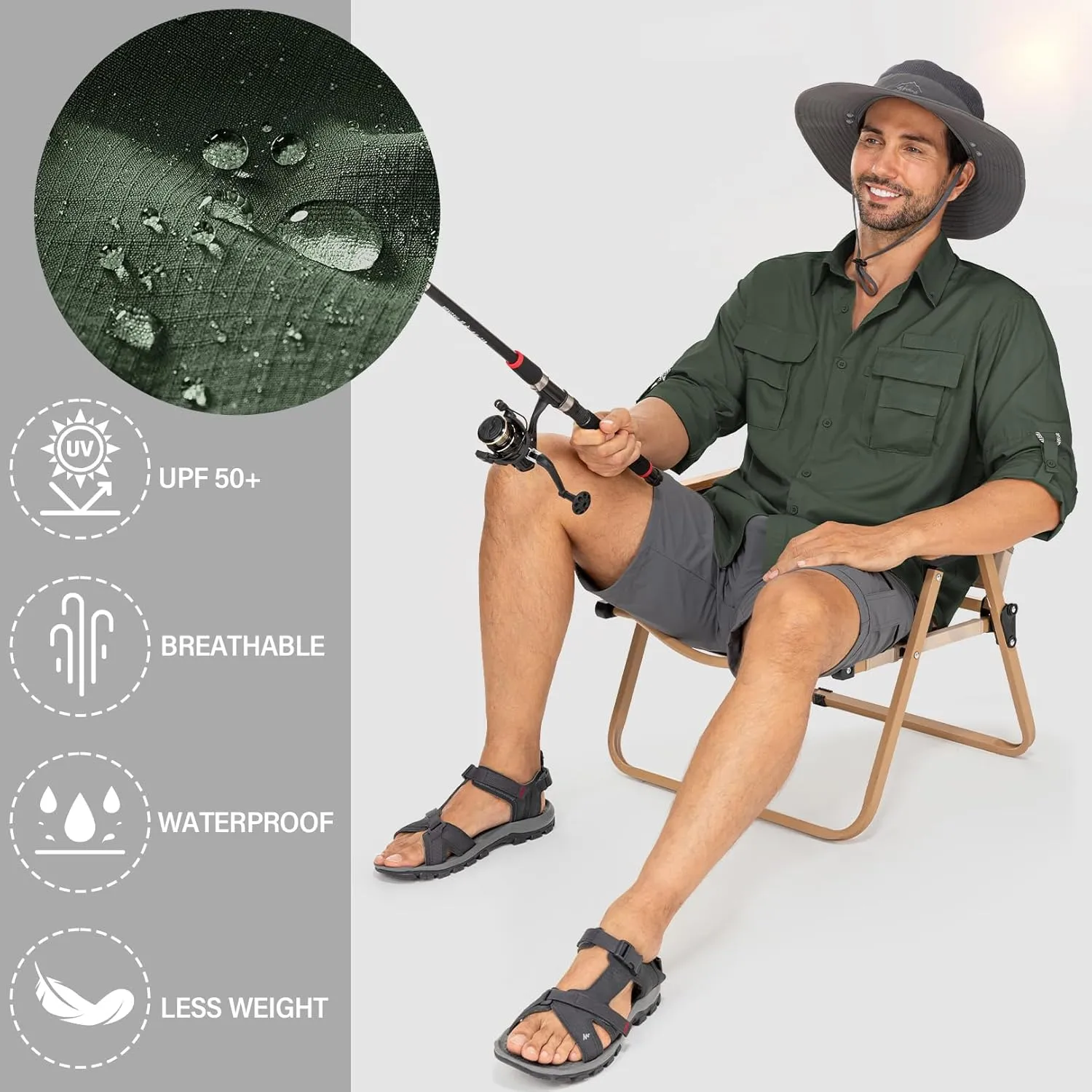 Mens Safari Shirts Long Sleeve UV Protection Hiking Fishing UPF 50  Quick Dry Camping Travel Shirts