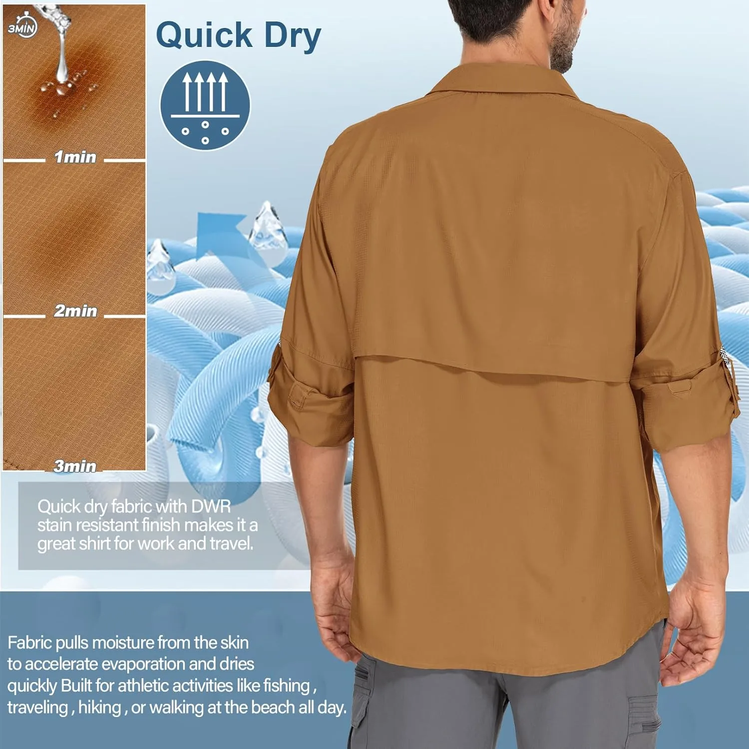 Mens Safari Shirts Long Sleeve UV Protection Hiking Fishing UPF 50  Quick Dry Camping Travel Shirts