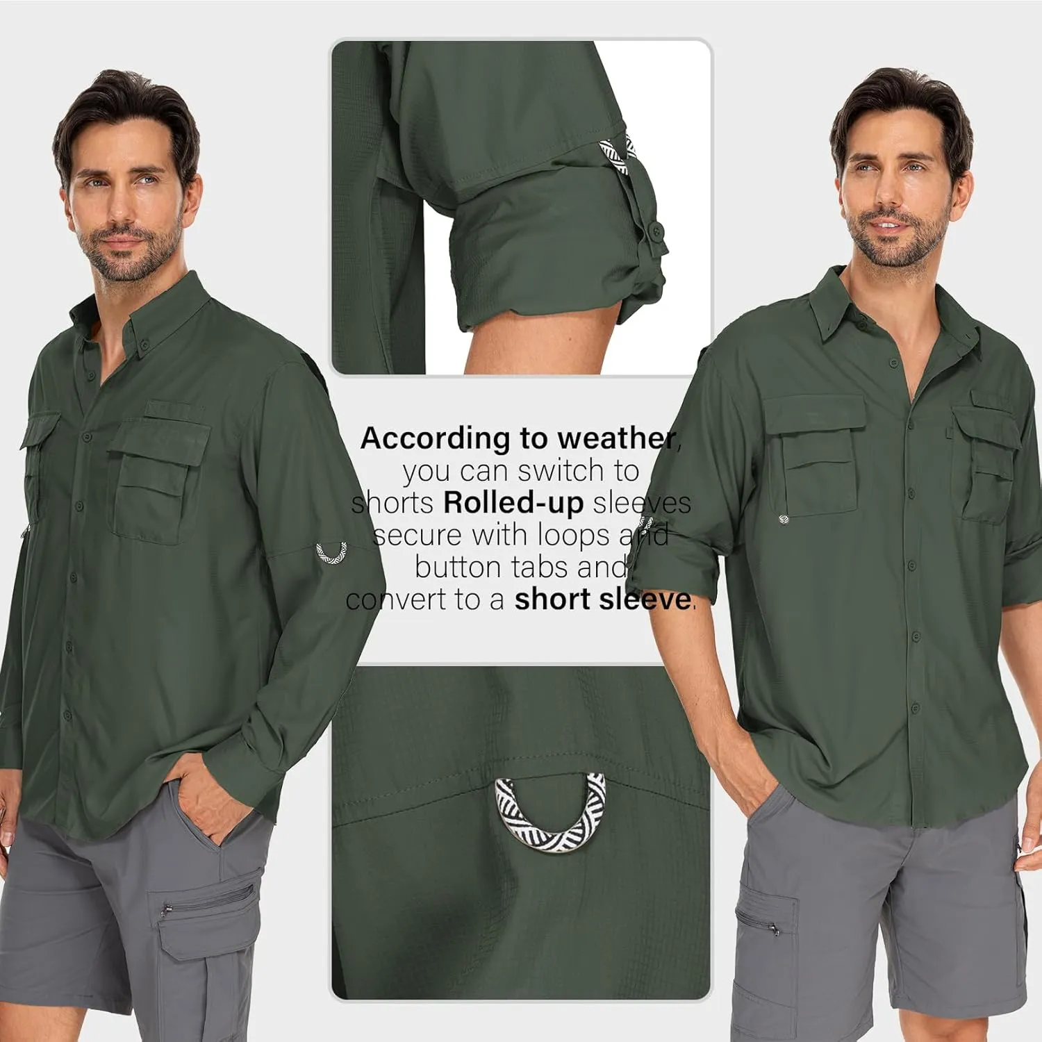 Mens Safari Shirts Long Sleeve UV Protection Hiking Fishing UPF 50  Quick Dry Camping Travel Shirts
