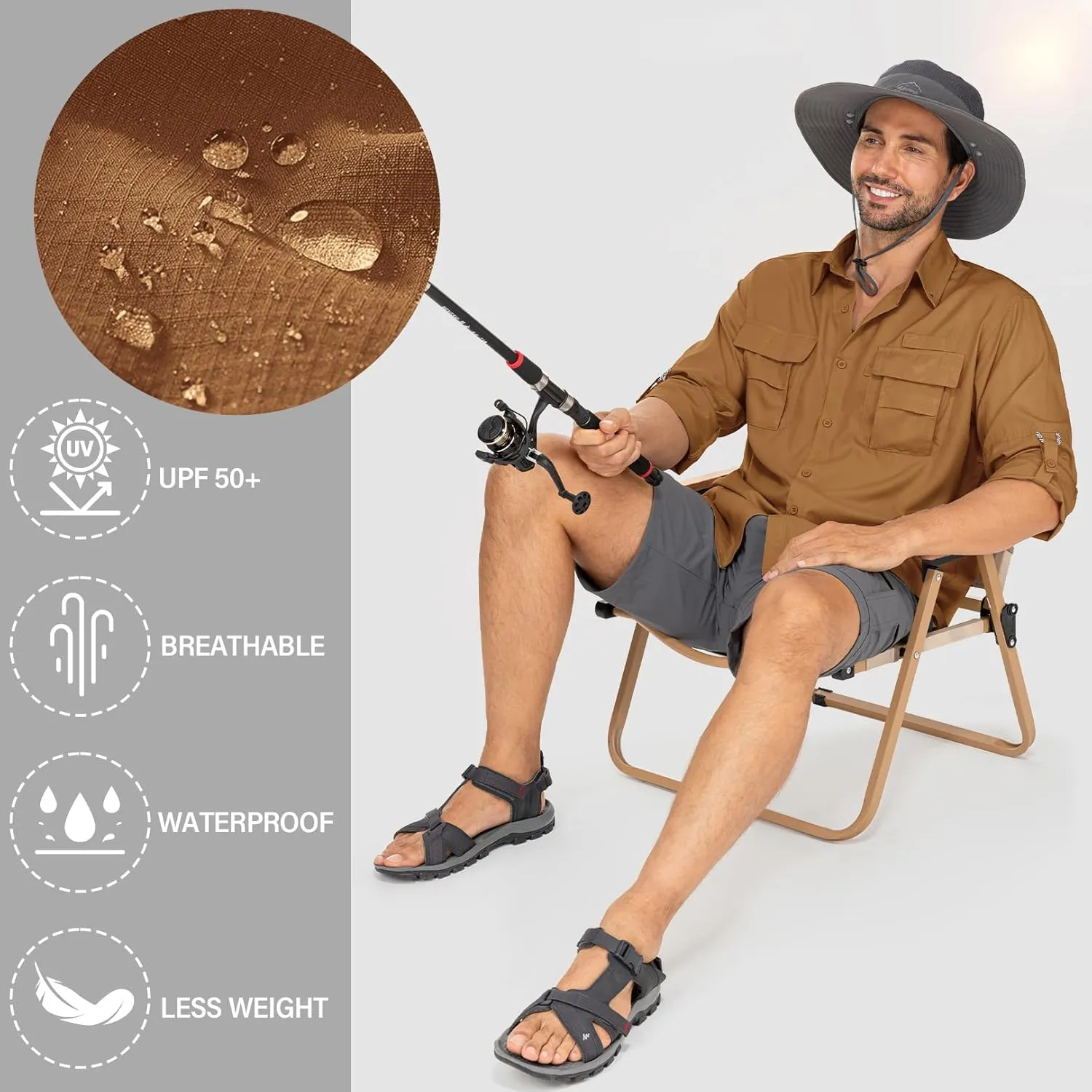 Mens Safari Shirts Long Sleeve UV Protection Hiking Fishing UPF 50  Quick Dry Camping Travel Shirts
