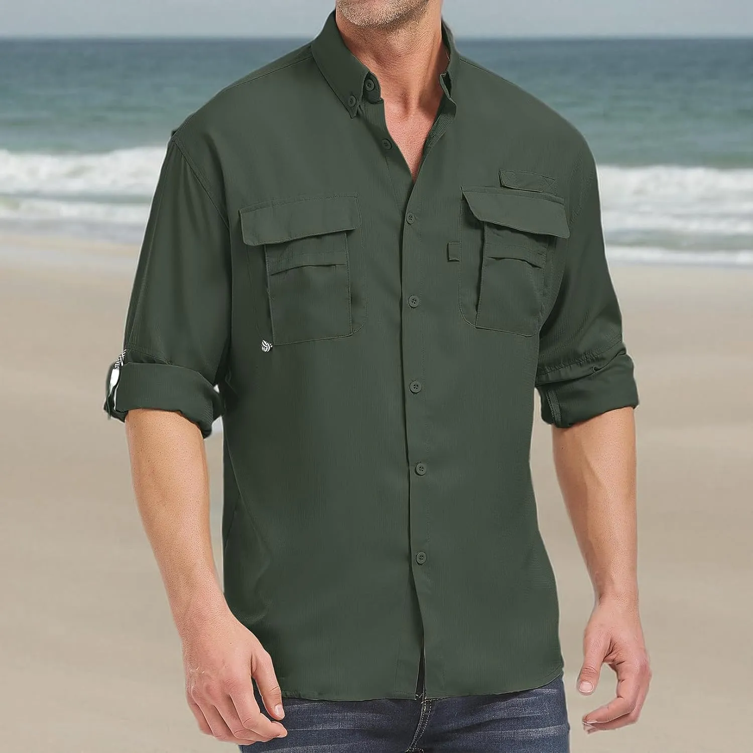 Mens Safari Shirts Long Sleeve UV Protection Hiking Fishing UPF 50  Quick Dry Camping Travel Shirts