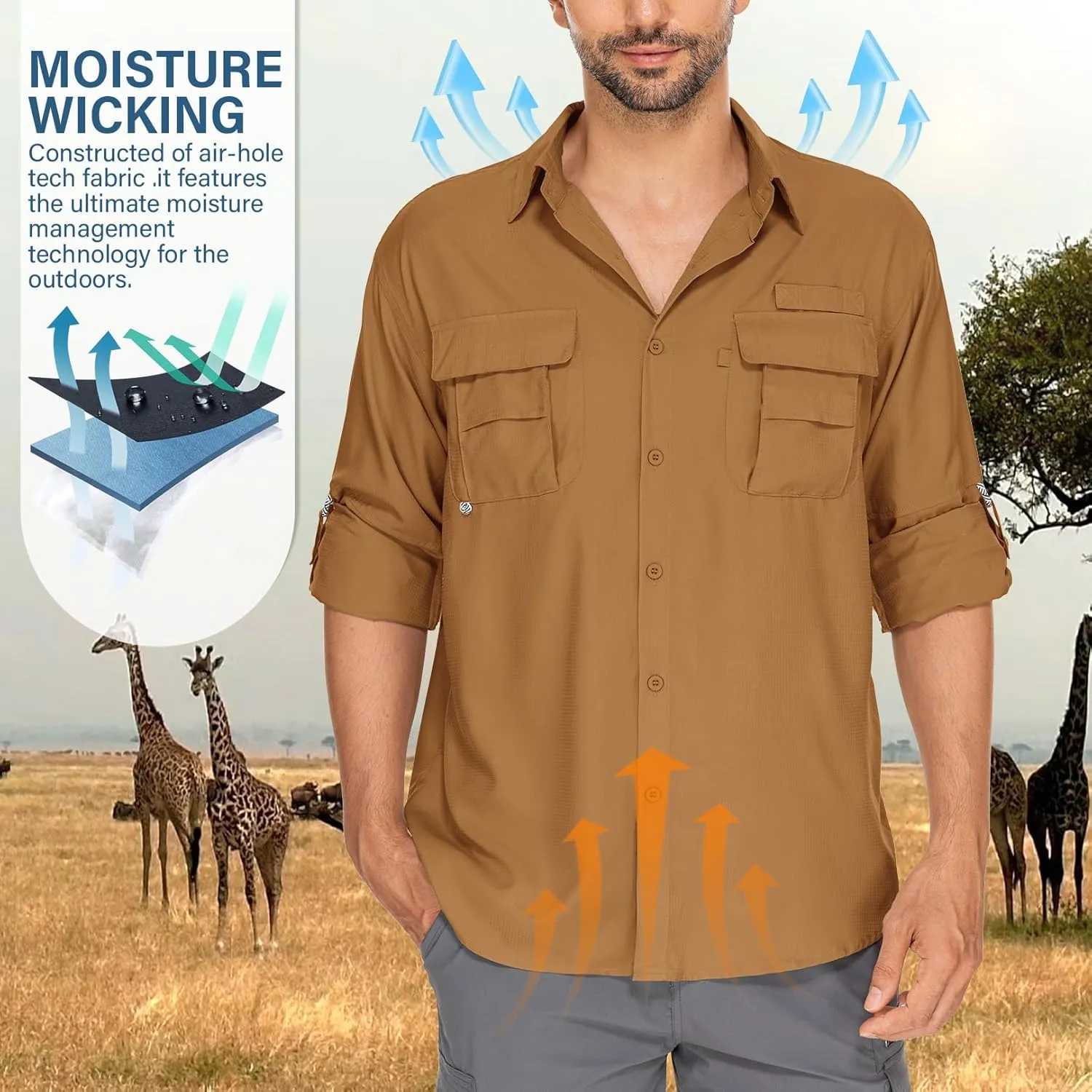 Mens Safari Shirts Long Sleeve UV Protection Hiking Fishing UPF 50  Quick Dry Camping Travel Shirts