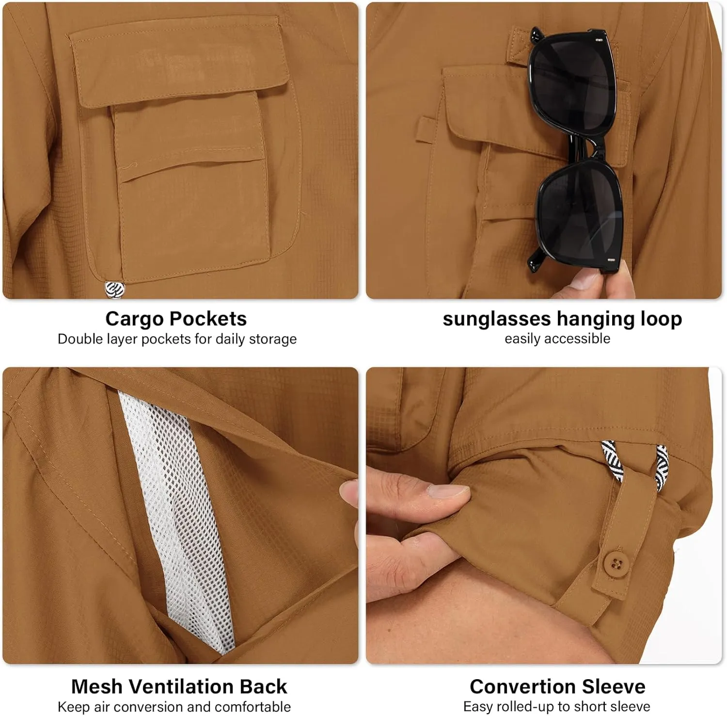 Mens Safari Shirts Long Sleeve UV Protection Hiking Fishing UPF 50  Quick Dry Camping Travel Shirts