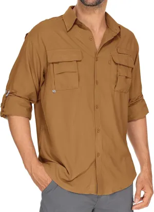 Mens Safari Shirts Long Sleeve UV Protection Hiking Fishing UPF 50  Quick Dry Camping Travel Shirts