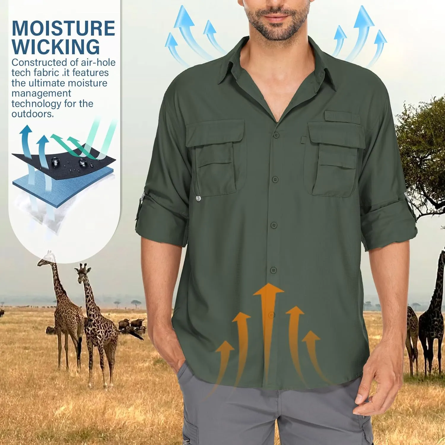 Mens Safari Shirts Long Sleeve UV Protection Hiking Fishing UPF 50  Quick Dry Camping Travel Shirts