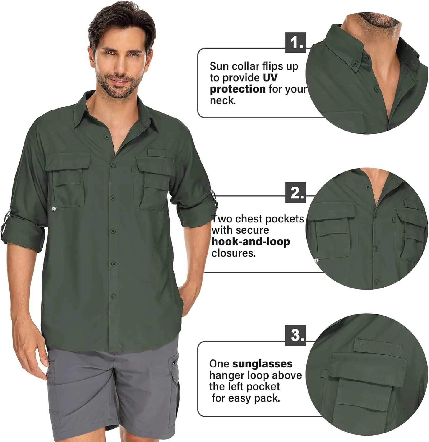 Mens Safari Shirts Long Sleeve UV Protection Hiking Fishing UPF 50  Quick Dry Camping Travel Shirts
