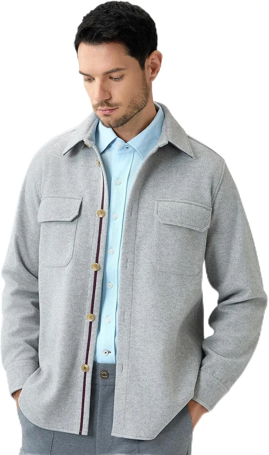 Mens Shirt Jacket Brushed Casual Shacket with Two Pockets Long Sleeve Button Up Overshirt