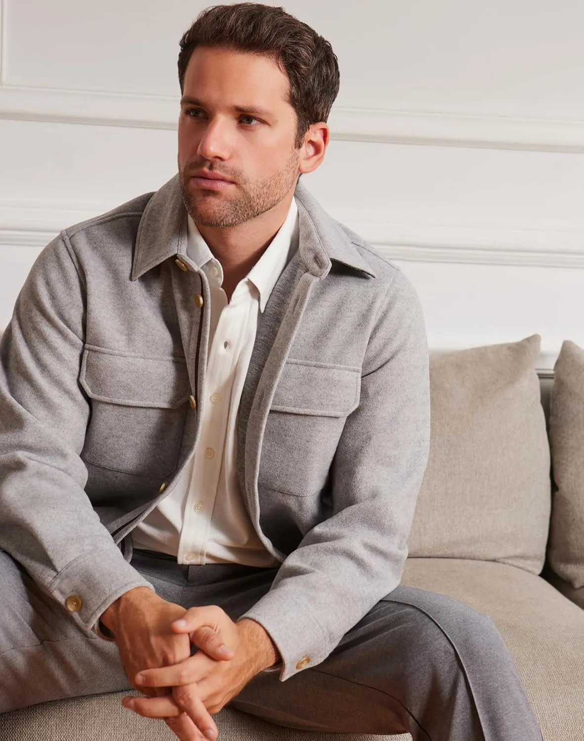 Mens Shirt Jacket Brushed Casual Shacket with Two Pockets Long Sleeve Button Up Overshirt