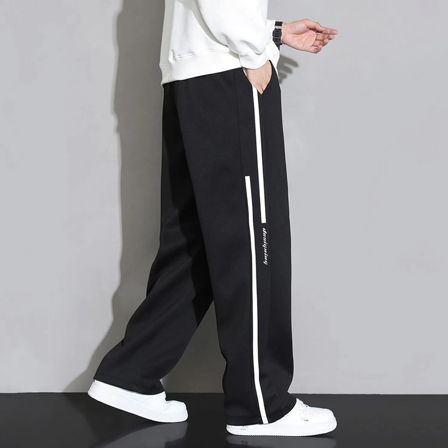 Men's Straight with Pockets and Elastic Loose Solid Color Streamlined Sports Casual Night Stretch Pants for Men