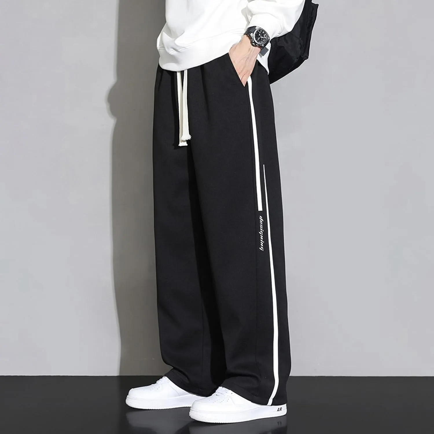Men's Straight with Pockets and Elastic Loose Solid Color Streamlined Sports Casual Night Stretch Pants for Men