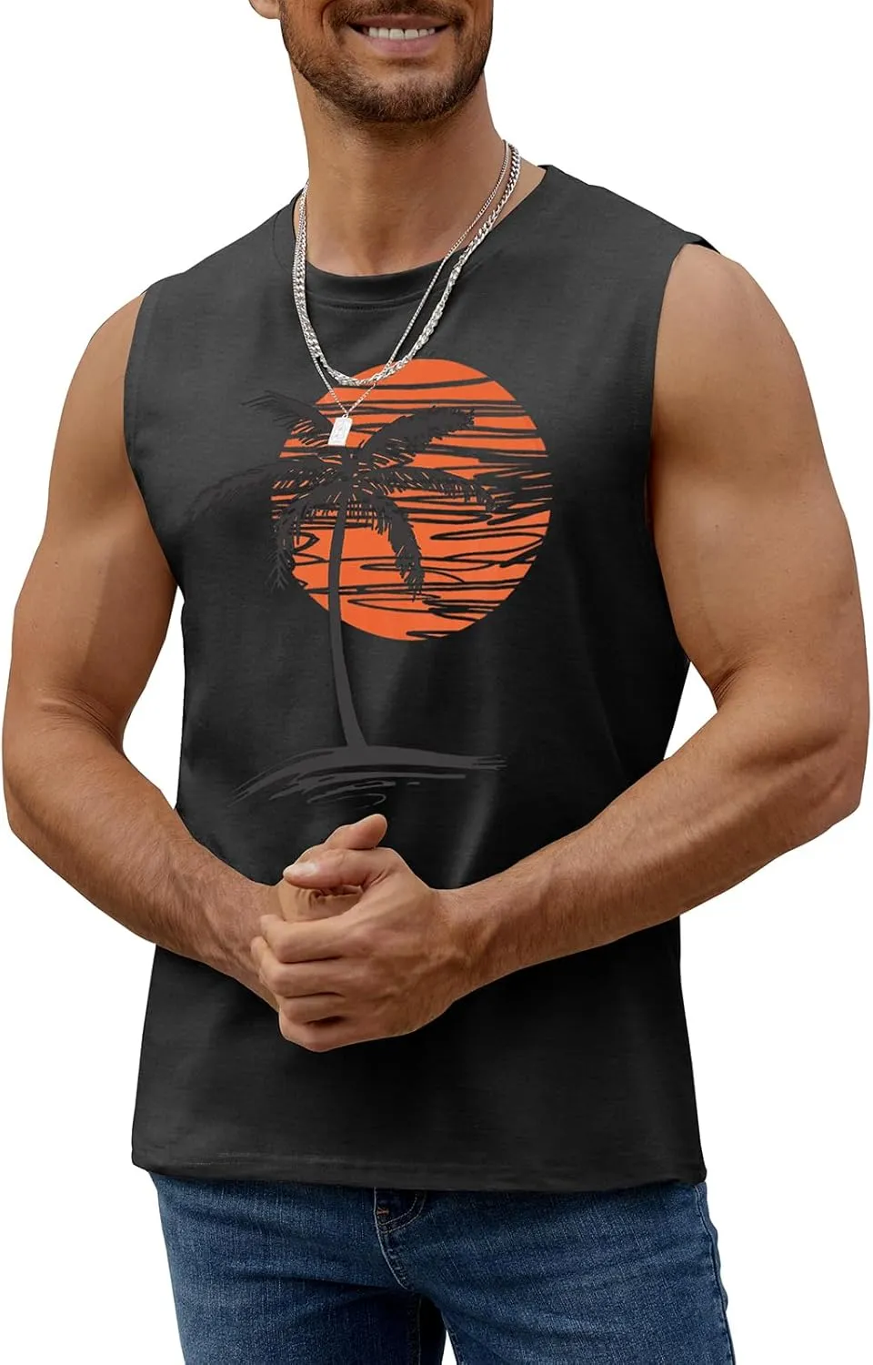 Mens Summer Beach Tank Top Tropical Hawaiian Palm Tree Print Sleeveless Shirts Muscle Tee Vacation Shirts