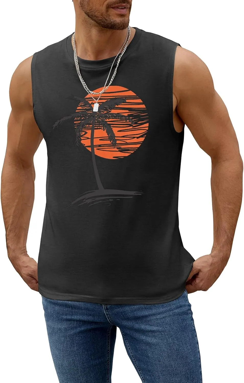 Mens Summer Beach Tank Top Tropical Hawaiian Palm Tree Print Sleeveless Shirts Muscle Tee Vacation Shirts