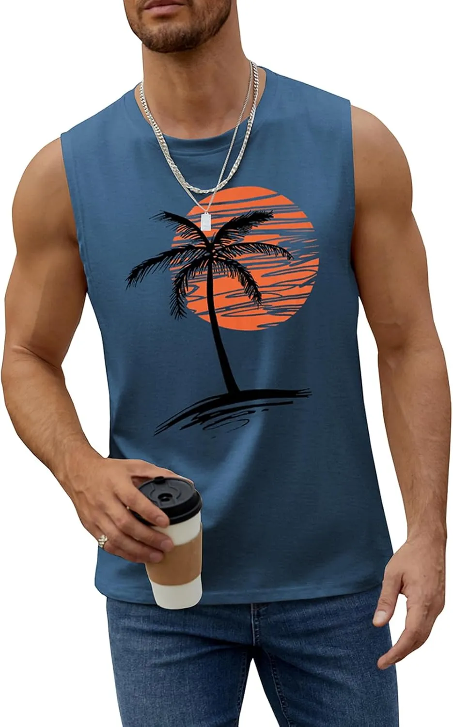 Mens Summer Beach Tank Top Tropical Hawaiian Palm Tree Print Sleeveless Shirts Muscle Tee Vacation Shirts