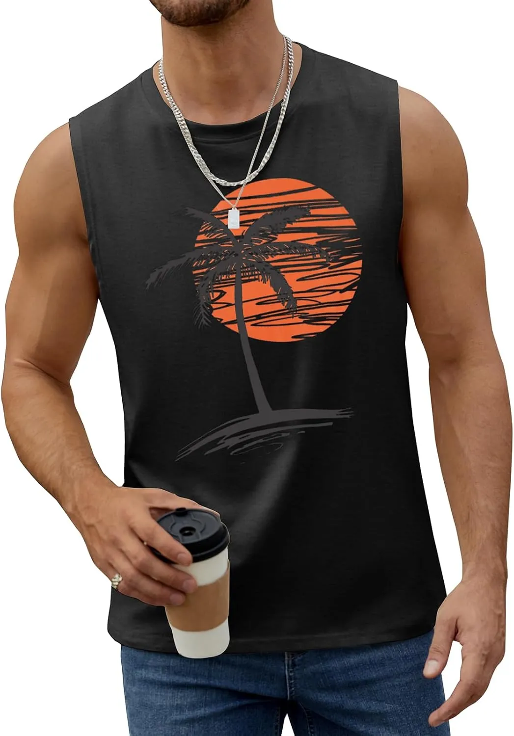 Mens Summer Beach Tank Top Tropical Hawaiian Palm Tree Print Sleeveless Shirts Muscle Tee Vacation Shirts
