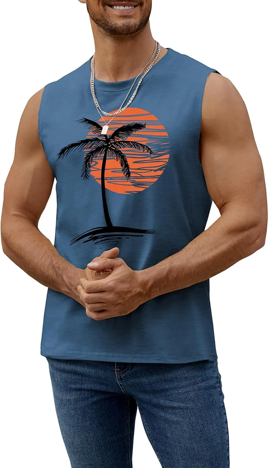 Mens Summer Beach Tank Top Tropical Hawaiian Palm Tree Print Sleeveless Shirts Muscle Tee Vacation Shirts