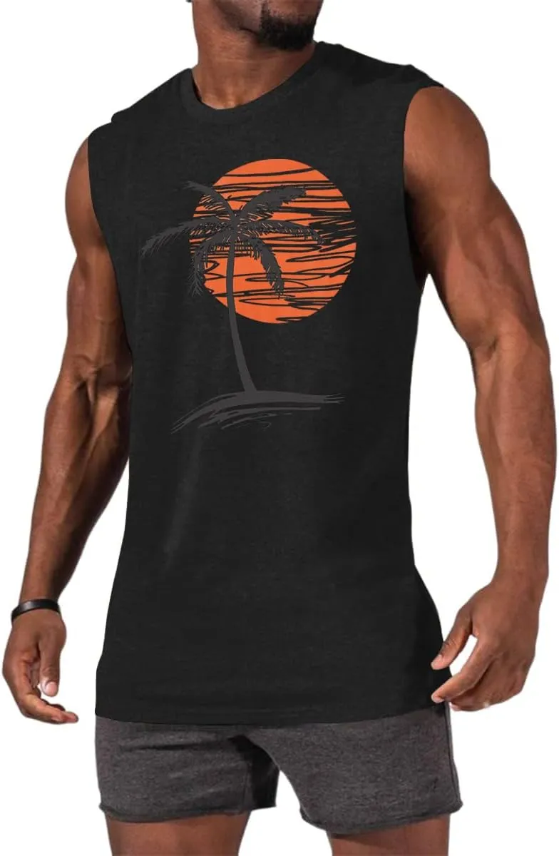 Mens Summer Beach Tank Top Tropical Hawaiian Palm Tree Print Sleeveless Shirts Muscle Tee Vacation Shirts