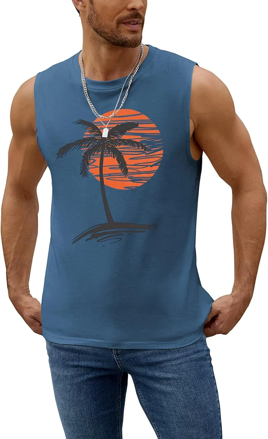 Mens Summer Beach Tank Top Tropical Hawaiian Palm Tree Print Sleeveless Shirts Muscle Tee Vacation Shirts