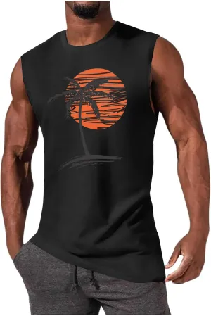 Mens Summer Beach Tank Top Tropical Hawaiian Palm Tree Print Sleeveless Shirts Muscle Tee Vacation Shirts