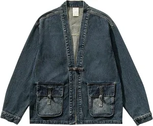 Mens Trendy Japanese Style Denim Kimono Jackets One Button Casual Washed Jean Jacket Hip Hop Distressed Vintage Coats
