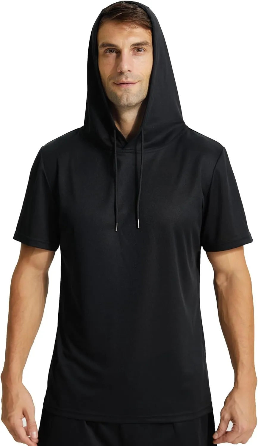Mens Workout Athletic Hoodie Shirts Short Sleeve Lightweight Gym Muscle Fit Running T-Shirts Sweatshirt Hooded