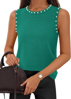 MEROKEETY Women's 2025 Sleeveless Sweater Vest Summer Knit Tank Tops Dressy Casual Crewneck Pearl Blouses