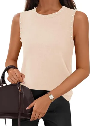 MEROKEETY Women's 2025 Sleeveless Sweater Vest Summer Knit Tank Tops Dressy Casual Crewneck Pearl Blouses