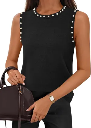 MEROKEETY Women's 2025 Sleeveless Sweater Vest Summer Knit Tank Tops Dressy Casual Crewneck Pearl Blouses
