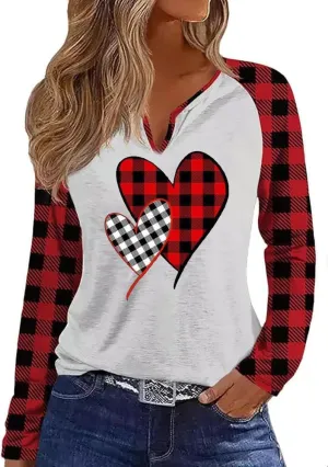 MHTOR Valentines Shirts Women Buffalo Plaid Love Heart Graphic Tees Letter Print Long Sleeve Tops Shirts