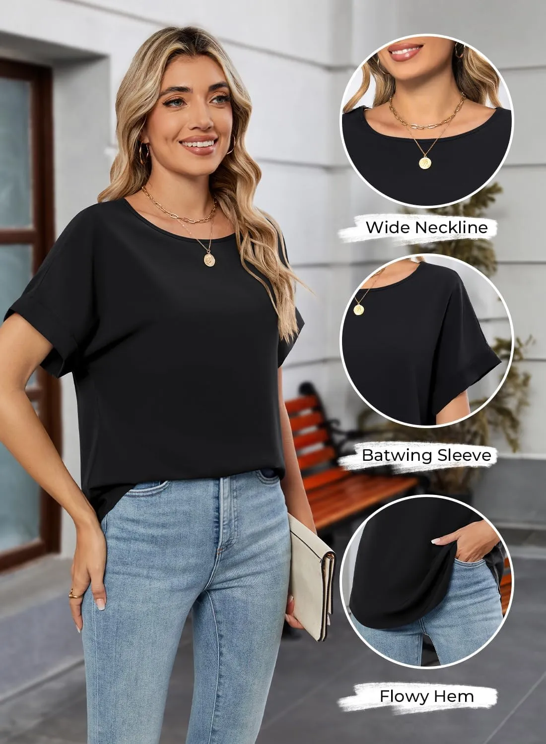 MIHOLL Womens Tops Dressy Casual Short Sleeve Solid Color Chiffon Blouses Summer Basic T Shirts