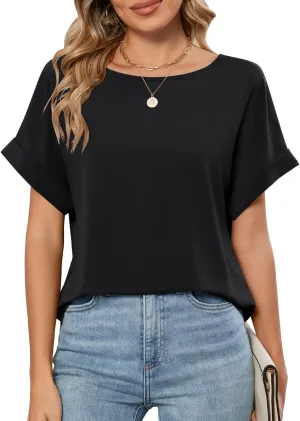 MIHOLL Womens Tops Dressy Casual Short Sleeve Solid Color Chiffon Blouses Summer Basic T Shirts