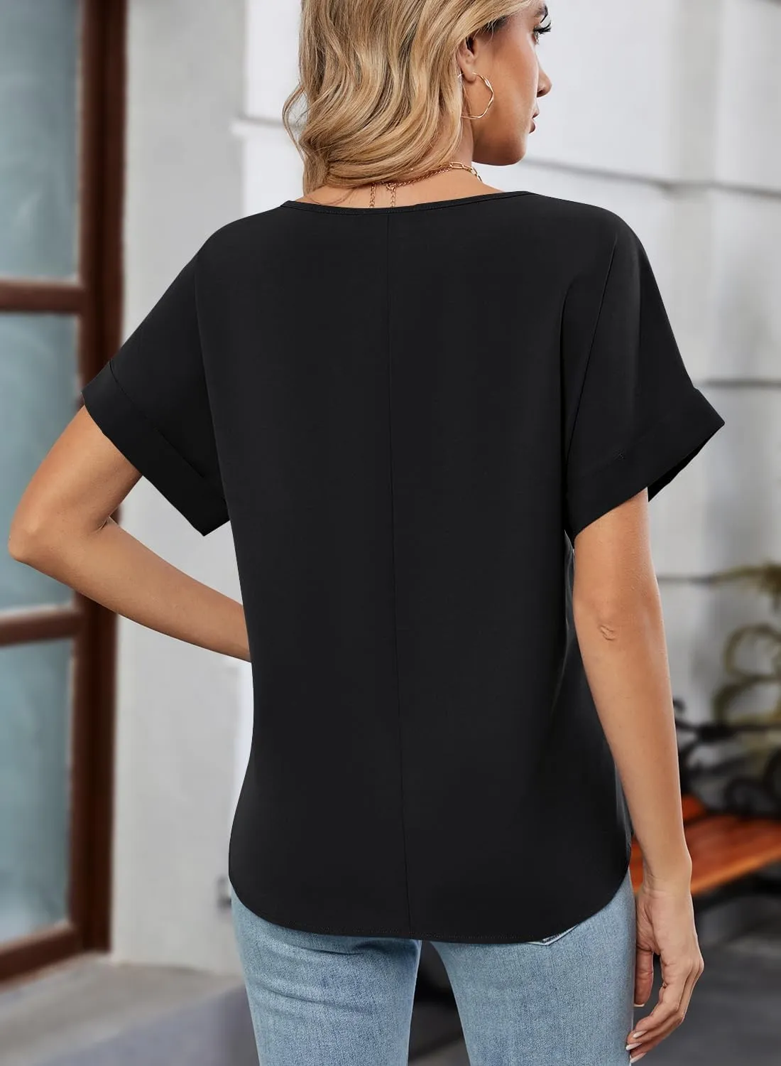 MIHOLL Womens Tops Dressy Casual Short Sleeve Solid Color Chiffon Blouses Summer Basic T Shirts