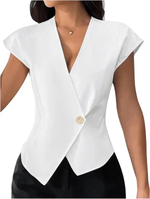 Milumia Women's Button Front V Neck Cap Sleeve Asymmetrical Hem Office Blazers