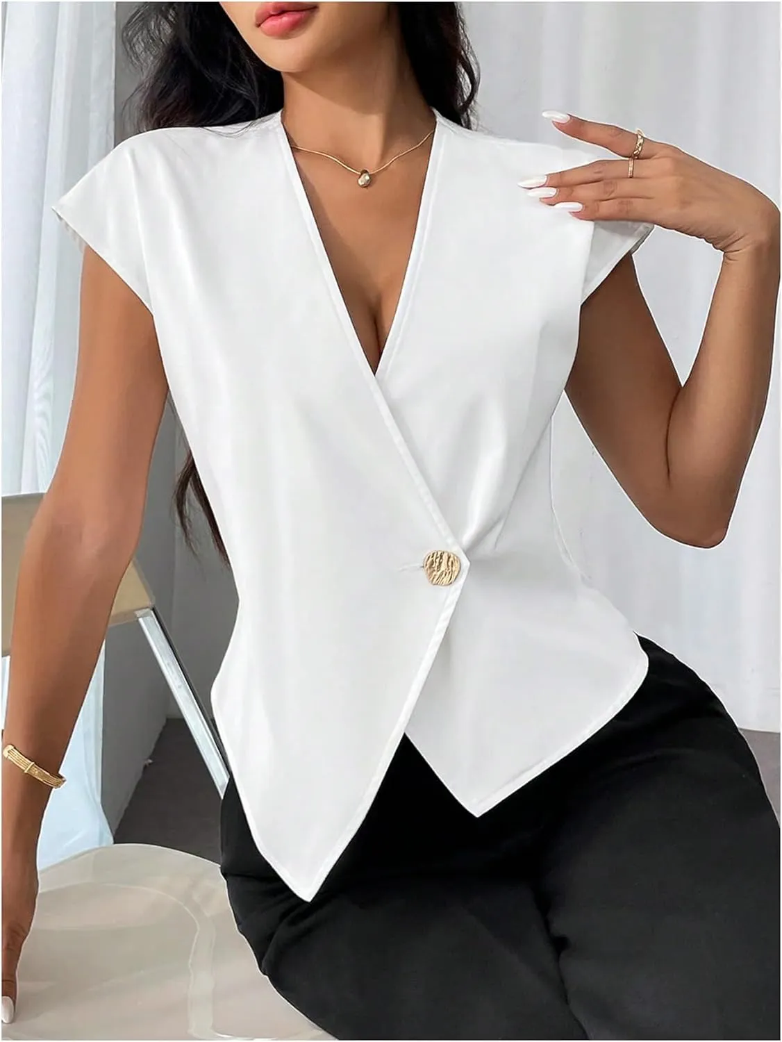 Milumia Women's Button Front V Neck Cap Sleeve Asymmetrical Hem Office Blazers