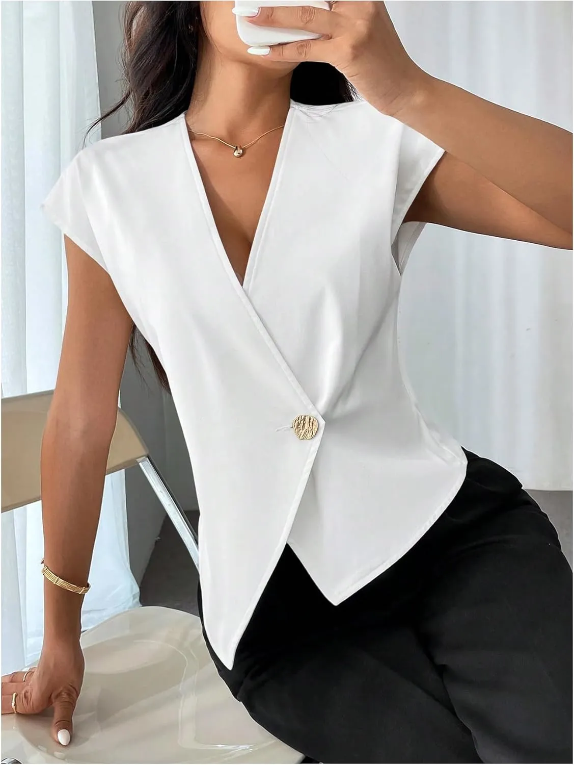 Milumia Women's Button Front V Neck Cap Sleeve Asymmetrical Hem Office Blazers