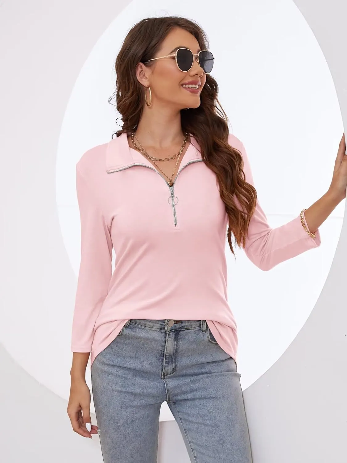 Minetom Women's V Neck 3/4 Sleeve Tops Quarter Zip Collared Shirts Polo Shirts Summer Tees