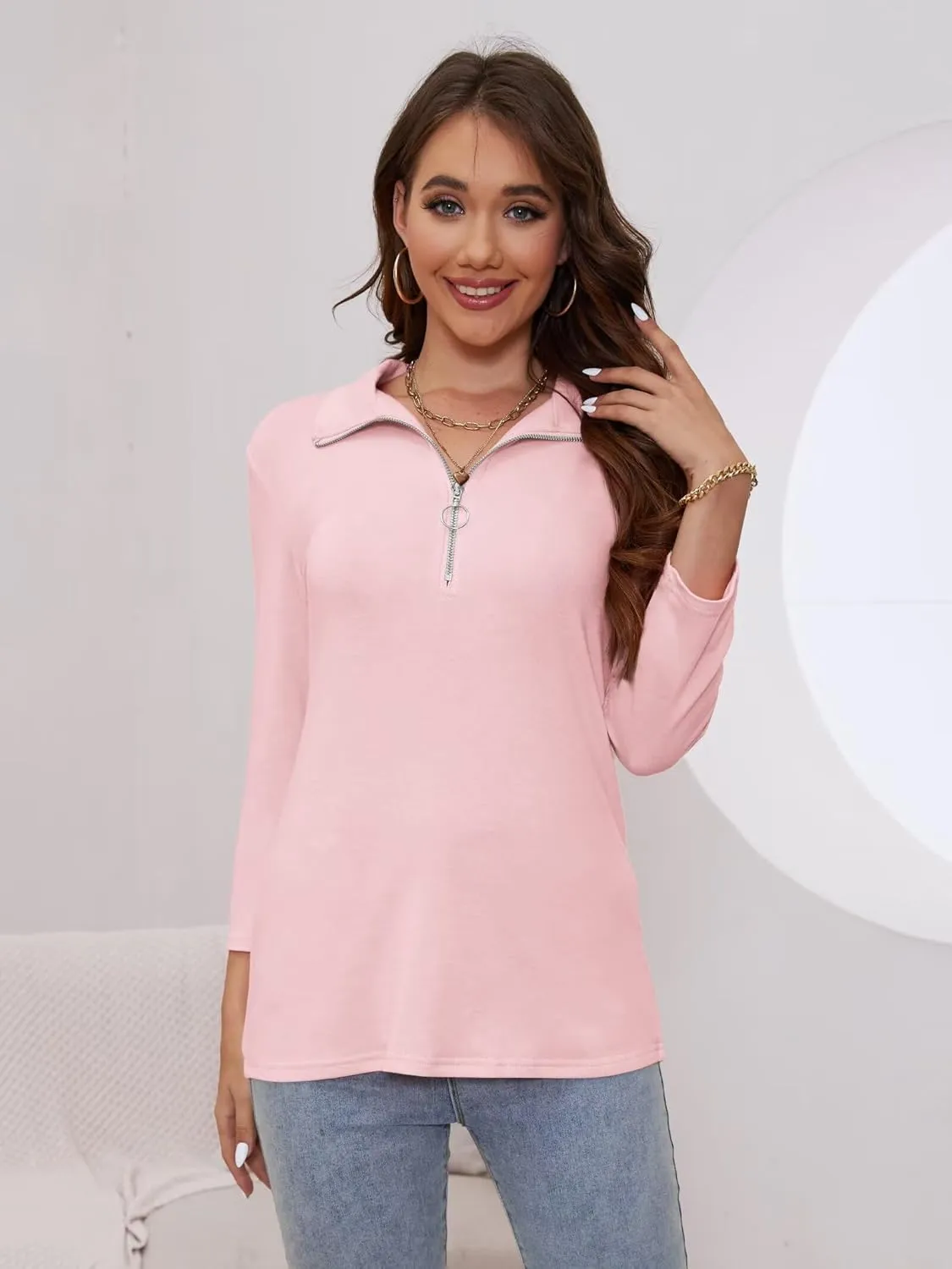 Minetom Women's V Neck 3/4 Sleeve Tops Quarter Zip Collared Shirts Polo Shirts Summer Tees