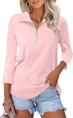 Minetom Women's V Neck 3/4 Sleeve Tops Quarter Zip Collared Shirts Polo Shirts Summer Tees