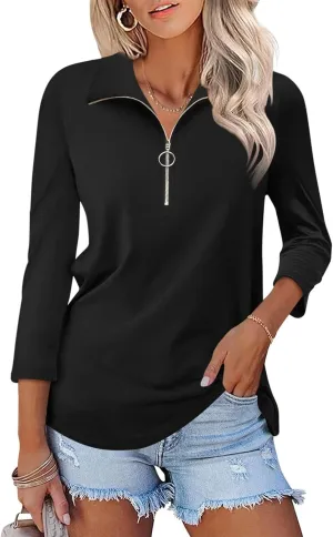Minetom Women's V Neck 3/4 Sleeve Tops Quarter Zip Collared Shirts Polo Shirts Summer Tees