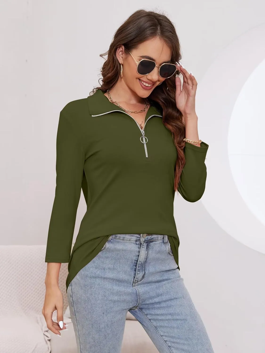 Minetom Women's V Neck 3/4 Sleeve Tops Quarter Zip Collared Shirts Polo Shirts Summer Tees